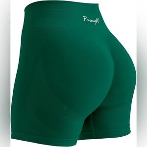 FRESOUGHT Workout Gym Butt Scrunch Tummy Control High Waisted Shorts Green